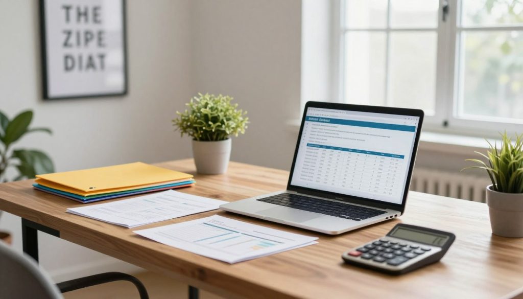 A beautifully organized workspace featuring a stylish wooden desk in the foreground, adorned with a laptop displaying a budgeting spreadsheet. Scatter a few financial documents, color-coded folders, and a calculator around the desk for visual interest. In the middle ground, include a motivational quote framed on the wall and a potted plant adding a touch of greenery. The background shows a well-lit room with soft, natural light streaming through a large window, emphasizing a calm and focused atmosphere. The scene should evoke a sense of professionalism and enthusiasm for smart money management. Use a shallow depth of field to keep the focus on the desk and budgeting materials, creating a clean, inviting look.