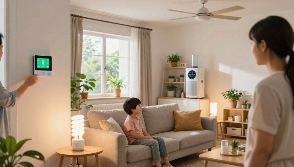A bright and inviting living room that illustrates various energy-saving tips for the home, featuring a cozy sofa with energy-efficient LED lamps on side tables casting a warm glow. In the foreground, a family member adjusts a smart thermostat on the wall. In the middle ground, a window shows natural light streaming in, highlighting indoor plants, while energy-efficient curtains are drawn to control heat. The background features a ceiling fan and a shelf with energy-saving appliances. The setting is well-lit with soft, natural light, evoking a sense of comfort and practicality. The atmosphere is cheerful and hopeful, promoting sustainable living without clutter or distractions. A bright and inviting living room that illustrates various energy-saving tips for the home, featuring a cozy sofa with energy-efficient LED lamps on side tables casting a warm glow. In the foreground, a family member adjusts a smart thermostat on the wall. In the middle ground, a window shows natural light streaming in, highlighting indoor plants, while energy-efficient curtains are drawn to control heat. The background features a ceiling fan and a shelf with energy-saving appliances. The setting is well-lit with soft, natural light, evoking a sense of comfort and practicality. The atmosphere is cheerful and hopeful, promoting sustainable living without clutter or distractions.