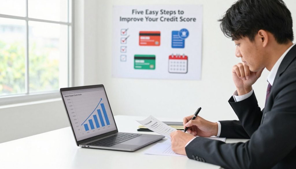 A clean and organized office setting with a desk in the foreground featuring a laptop showing a credit score graph illustrating improvement. A professional person of Asian descent, dressed in business attire, is sitting at the desk, thoughtfully analyzing documents with a pen in hand. In the middle ground, on the wall, a colorful infographic detailing "Five Easy Steps to Improve Your Credit Score" is subtly represented through icons or illustrations like a checklist, credit cards, and a calendar. The background has a bright window with natural light streaming in, giving a fresh and optimistic atmosphere. The overall mood is constructive and motivational, with a focus on personal growth and financial success.