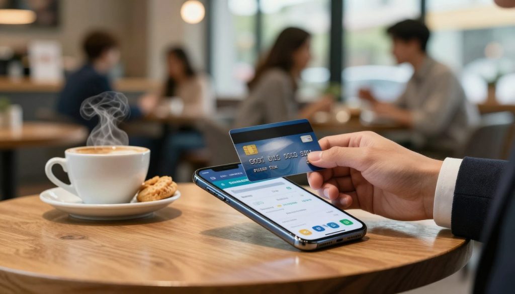 A close-up view of a credit card being used in a modern café setting. In the foreground, a hand in a professional business attire gracefully holds a credit card above a sleek smartphone displaying a payment app. The middle layer features a well-designed wooden table with a steaming coffee cup and a small plate of pastries, creating a casual yet sophisticated atmosphere. In the background, soft-focus blurred patrons engage in quiet conversations, illuminated by warm, ambient light filtering through large windows. The lens captures the scene with a shallow depth of field, ensuring the focus remains on the credit card and smartphone, evoking a sense of financial empowerment and modern consumer habits. The overall mood is welcoming and informative, highlighting the theme of smart credit card usage.