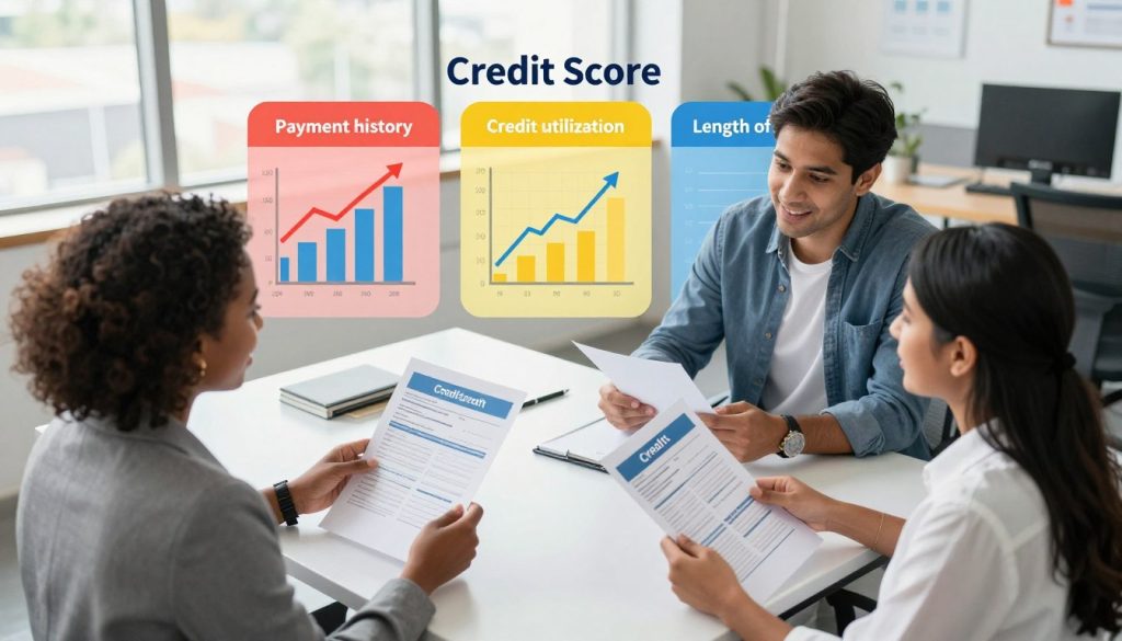 A concept illustration showcasing the factors that impact credit scores. In the foreground, a diverse group of three professionals, a Black woman, a Hispanic man, and a South Asian woman, are engaged in a discussion, each holding documents symbolizing credit reports and financial records. In the middle ground, a visual representation of three key factors—payment history, credit utilization, and length of credit history—depicted as colorful infographics, with graphs and charts illustrating trends. The background features a modern office setting with large windows letting in soft, natural light, creating an optimistic and informed atmosphere. The angle is slightly aerial, enhancing the focus on both the discussion and the visual aids, while maintaining clarity and professionalism.