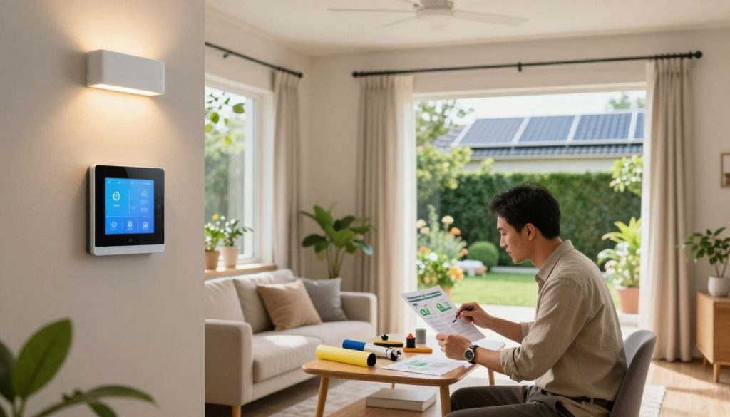 A cozy, energy-efficient home interior showcasing low-cost upgrades. In the foreground, a bright, airy living room features energy-efficient LED light fixtures and a smart thermostat on the wall. The middle ground displays a window with well-insulated curtains and indoor plants that promote air quality. A professional consultant in smart casual attire examines an energy audit report while seated at a small table cluttered with tools for home improvement, such as weather stripping and low-flow faucet attachments. In the background, natural light streams through the window, highlighting a well-maintained exterior breezy garden with solar panels on the roof. The atmosphere is warm and inviting, suggesting a sustainable lifestyle while emphasizing practical home enhancements. Soft, natural lighting creates a peaceful and motivating environment. A cozy, energy-efficient home interior showcasing low-cost upgrades. In the foreground, a bright, airy living room features energy-efficient LED light fixtures and a smart thermostat on the wall. The middle ground displays a window with well-insulated curtains and indoor plants that promote air quality. A professional consultant in smart casual attire examines an energy audit report while seated at a small table cluttered with tools for home improvement, such as weather stripping and low-flow faucet attachments. In the background, natural light streams through the window, highlighting a well-maintained exterior breezy garden with solar panels on the roof. The atmosphere is warm and inviting, suggesting a sustainable lifestyle while emphasizing practical home enhancements. Soft, natural lighting creates a peaceful and motivating environment.