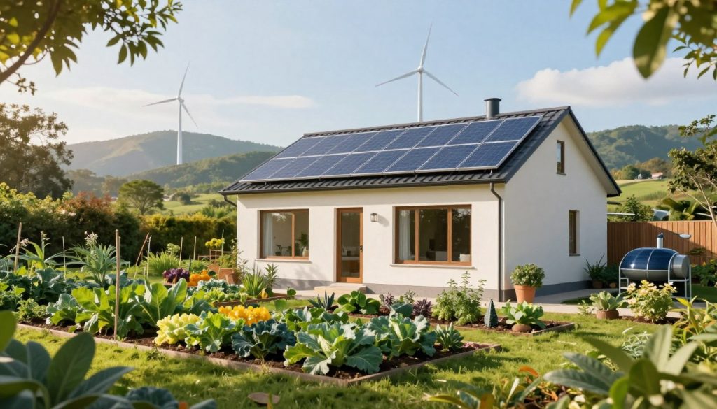 A cozy, energy-efficient home nestled in a lush green landscape, showcasing solar panels on the roof and wind turbines in the distance. In the foreground, a vibrant vegetable garden thrives, surrounded by native plants that promote biodiversity. A warm, inviting atmosphere is created by soft, golden sunlight filtering through the trees, casting gentle shadows. In the middle ground, a well-insulated home features large windows allowing natural light to pour in, while a stylish rainwater collection system is visible. The background includes rolling hills under a clear blue sky, emphasizing sustainability and harmony with nature. The overall mood is tranquil and hopeful, illustrating the benefits of eco-friendly living. A cozy, energy-efficient home nestled in a lush green landscape, showcasing solar panels on the roof and wind turbines in the distance. In the foreground, a vibrant vegetable garden thrives, surrounded by native plants that promote biodiversity. A warm, inviting atmosphere is created by soft, golden sunlight filtering through the trees, casting gentle shadows. In the middle ground, a well-insulated home features large windows allowing natural light to pour in, while a stylish rainwater collection system is visible. The background includes rolling hills under a clear blue sky, emphasizing sustainability and harmony with nature. The overall mood is tranquil and hopeful, illustrating the benefits of eco-friendly living.