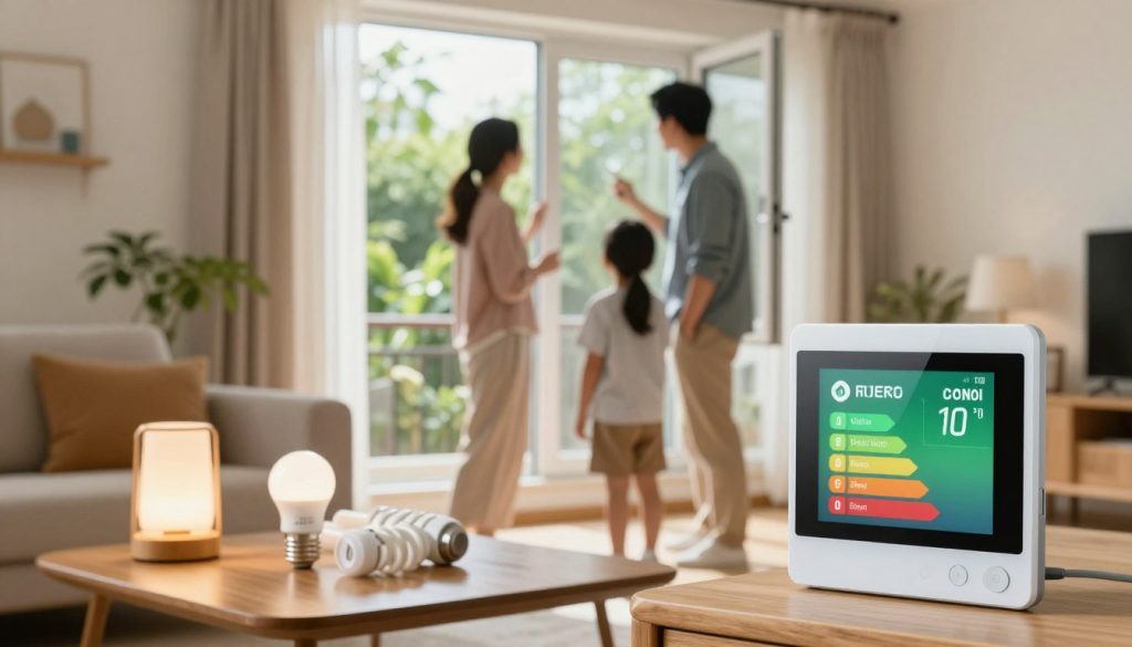 A cozy living room filled with natural light, emphasizing home energy efficiency. In the foreground, a modern eco-friendly thermostat displays energy-saving settings on its screen. On a wooden coffee table, there's a solar-powered lamp and a collection of energy-efficient LED bulbs. In the middle, a family—two adults and a child—are inspecting an energy-efficient window, dressed in casual yet professional clothing. They discuss its features, highlighting the double glazing and thermal efficiency. In the background, lush greenery is visible through the window, symbolizing a connection to nature. The scene is warm and inviting, with a soft, diffused light coming from multiple sources, creating a bright but comfortable atmosphere. The angle captures both the family and the window, suggesting practical upgrades for better home energy efficiency. A cozy living room filled with natural light, emphasizing home energy efficiency. In the foreground, a modern eco-friendly thermostat displays energy-saving settings on its screen. On a wooden coffee table, there's a solar-powered lamp and a collection of energy-efficient LED bulbs. In the middle, a family—two adults and a child—are inspecting an energy-efficient window, dressed in casual yet professional clothing. They discuss its features, highlighting the double glazing and thermal efficiency. In the background, lush greenery is visible through the window, symbolizing a connection to nature. The scene is warm and inviting, with a soft, diffused light coming from multiple sources, creating a bright but comfortable atmosphere. The angle captures both the family and the window, suggesting practical upgrades for better home energy efficiency.
