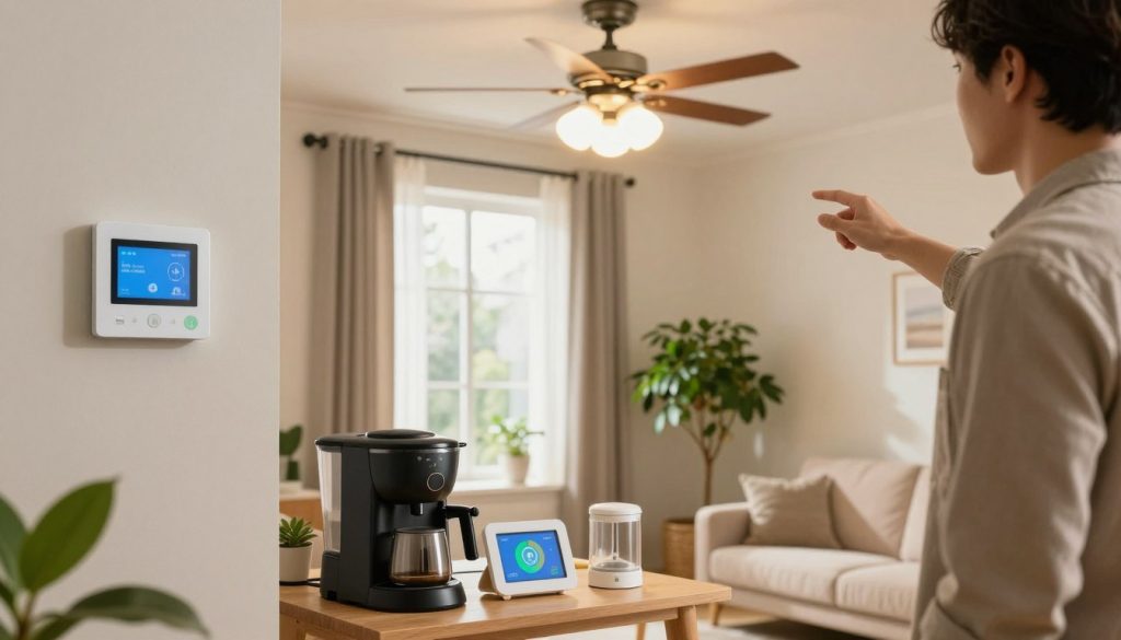 A cozy living room filled with natural light, showcasing energy-saving changes. In the foreground, a professional-looking person in modest casual clothing adjusts a programmable smart thermostat on a wall. In the middle, a window adorned with thermal curtains complements a ceiling fan with energy-efficient LED bulbs illuminating the space. On a nearby table, a collection of energy-efficient appliances, such as a low-power coffee maker and an energy monitor, adds context to the scene. In the background, a lush indoor plant enhances the atmosphere, symbolizing eco-friendliness. The lighting should be warm and inviting, giving a sense of comfort while emphasizing practical, low-cost improvements in home energy efficiency. The overall mood is optimistic and proactive, encouraging viewers to make easy changes. A cozy living room filled with natural light, showcasing energy-saving changes. In the foreground, a professional-looking person in modest casual clothing adjusts a programmable smart thermostat on a wall. In the middle, a window adorned with thermal curtains complements a ceiling fan with energy-efficient LED bulbs illuminating the space. On a nearby table, a collection of energy-efficient appliances, such as a low-power coffee maker and an energy monitor, adds context to the scene. In the background, a lush indoor plant enhances the atmosphere, symbolizing eco-friendliness. The lighting should be warm and inviting, giving a sense of comfort while emphasizing practical, low-cost improvements in home energy efficiency. The overall mood is optimistic and proactive, encouraging viewers to make easy changes.
