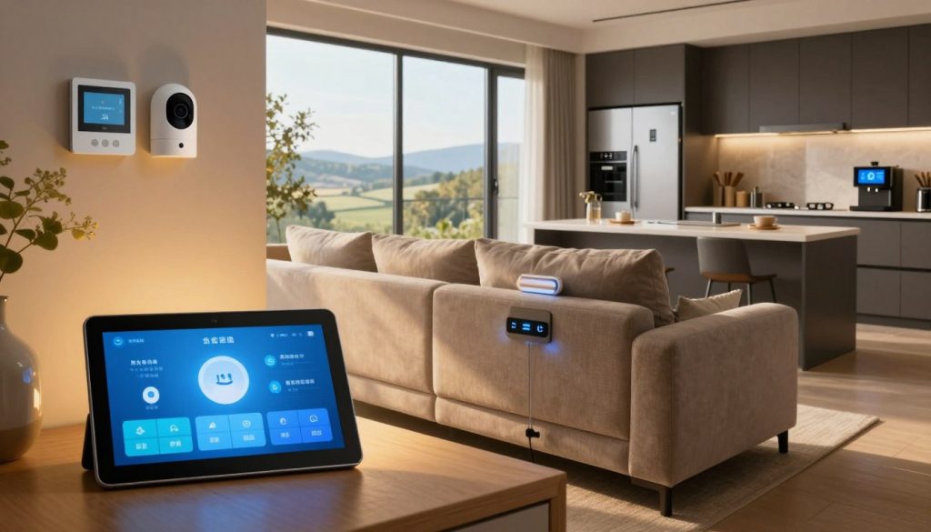 A cozy modern living room seamlessly integrated with smart home technology. In the foreground, a sleek tablet displays various smart controls, with soft ambient lighting casting a warm glow. In the middle, a comfortable sofa, equipped with built-in smart features like USB charging ports and mood lighting, faces a large window showing a scenic view. Smart devices like a thermostat and security camera are subtly integrated into the decor. In the background, an open kitchen showcases smart appliances like a voice-activated coffee maker and a refrigerator with a built-in screen. The atmosphere is inviting, illustrating the ease and comfort of a smart home, captured from a slightly elevated angle to enhance the spaciousness. The lighting is natural, with sunlight streaming in to highlight the harmony between technology and everyday living. A cozy modern living room seamlessly integrated with smart home technology. In the foreground, a sleek tablet displays various smart controls, with soft ambient lighting casting a warm glow. In the middle, a comfortable sofa, equipped with built-in smart features like USB charging ports and mood lighting, faces a large window showing a scenic view. Smart devices like a thermostat and security camera are subtly integrated into the decor. In the background, an open kitchen showcases smart appliances like a voice-activated coffee maker and a refrigerator with a built-in screen. The atmosphere is inviting, illustrating the ease and comfort of a smart home, captured from a slightly elevated angle to enhance the spaciousness. The lighting is natural, with sunlight streaming in to highlight the harmony between technology and everyday living.