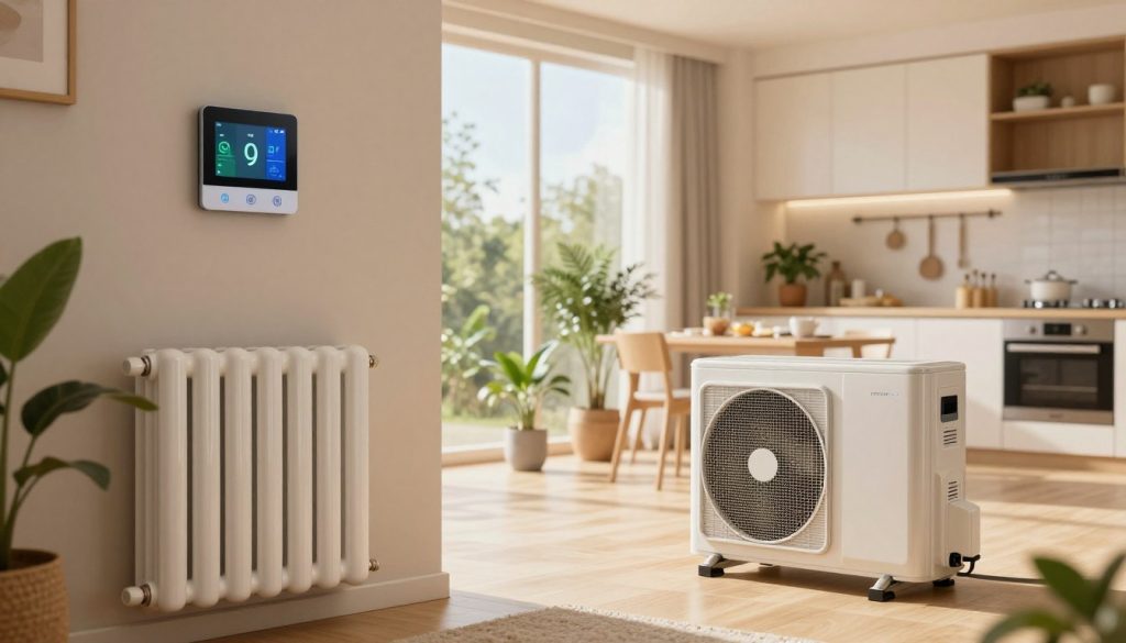 A cozy, modern living room showcasing efficient home heating and cooling tips. In the foreground, a stylish energy-efficient radiator and a sleek, eco-friendly air conditioning unit, both in elegant designs. The middle features a large window with natural light streaming in, illuminating potted plants that contribute to indoor air quality. A digital thermostat mounted on the wall displays an energy-saving setting. In the background, a light-filled kitchen with energy-efficient appliances adds to the atmosphere of sustainability. Soft, warm lighting creates a welcoming mood, and the scene is captured from a slightly elevated angle to provide an expansive view of the room. Overall, the image conveys comfort, innovation, and eco-friendliness, emphasizing practical solutions for efficient home heating and cooling. A cozy, modern living room showcasing efficient home heating and cooling tips. In the foreground, a stylish energy-efficient radiator and a sleek, eco-friendly air conditioning unit, both in elegant designs. The middle features a large window with natural light streaming in, illuminating potted plants that contribute to indoor air quality. A digital thermostat mounted on the wall displays an energy-saving setting. In the background, a light-filled kitchen with energy-efficient appliances adds to the atmosphere of sustainability. Soft, warm lighting creates a welcoming mood, and the scene is captured from a slightly elevated angle to provide an expansive view of the room. Overall, the image conveys comfort, innovation, and eco-friendliness, emphasizing practical solutions for efficient home heating and cooling.