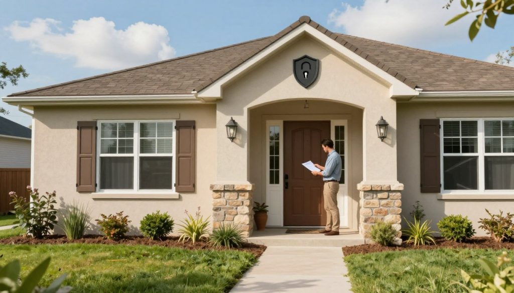 A cozy suburban home with a well-maintained yard in the foreground, showcasing symbols of protection such as a shield or lock integrated into the house design. In the middle ground, visualize a pathway leading to the front door, flanked by a small garden, symbolizing safety and security. In the background, a clear blue sky and a few fluffy clouds create an uplifting atmosphere, while soft sunlight bathes the scene, highlighting the inviting nature of the property. A professional individual in modest casual clothing can be seen reviewing a homeowners insurance document by the door, symbolizing the importance of understanding protection plans. The overall mood should convey peace, security, and reassurance, emphasizing the essence of homeowners insurance coverage. A cozy suburban home with a well-maintained yard in the foreground, showcasing symbols of protection such as a shield or lock integrated into the house design. In the middle ground, visualize a pathway leading to the front door, flanked by a small garden, symbolizing safety and security. In the background, a clear blue sky and a few fluffy clouds create an uplifting atmosphere, while soft sunlight bathes the scene, highlighting the inviting nature of the property. A professional individual in modest casual clothing can be seen reviewing a homeowners insurance document by the door, symbolizing the importance of understanding protection plans. The overall mood should convey peace, security, and reassurance, emphasizing the essence of homeowners insurance coverage.