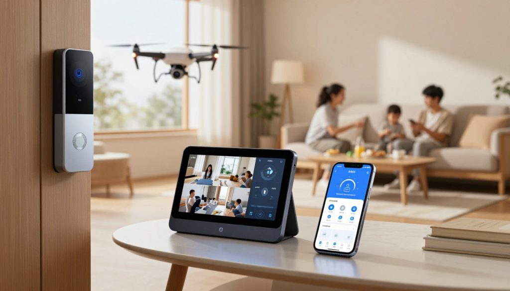 A futuristic smart home security system in a modern living room setting. In the foreground, a sleek, high-tech security panel displays live camera feeds. To the right, a smartphone sits on a stylish coffee table, showcasing a home security app with real-time notifications. In the middle ground, an automated drone hovers near a window, providing aerial surveillance, while a smart doorbell with facial recognition technology is mounted on the doorframe. The cozy, well-lit background features a family completing daily activities, conveying a sense of safety and comfort. The lighting is warm and inviting, with soft shadows, and the angle is slightly elevated, capturing the interconnectedness of the devices in a harmonious home environment. The atmosphere is serene yet secure, emphasizing functionality and innovation. A futuristic smart home security system in a modern living room setting. In the foreground, a sleek, high-tech security panel displays live camera feeds. To the right, a smartphone sits on a stylish coffee table, showcasing a home security app with real-time notifications. In the middle ground, an automated drone hovers near a window, providing aerial surveillance, while a smart doorbell with facial recognition technology is mounted on the doorframe. The cozy, well-lit background features a family completing daily activities, conveying a sense of safety and comfort. The lighting is warm and inviting, with soft shadows, and the angle is slightly elevated, capturing the interconnectedness of the devices in a harmonious home environment. The atmosphere is serene yet secure, emphasizing functionality and innovation.