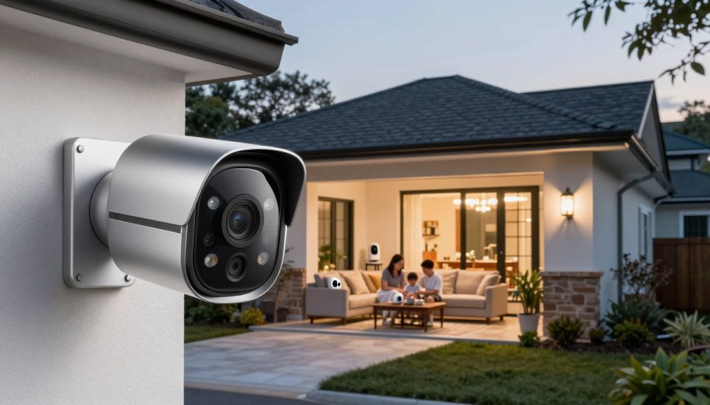 A modern home security setup featuring sleek, high-tech security cameras mounted on both the exterior and interior of a stylish family home. In the foreground, a close-up of a state-of-the-art outdoor camera with night vision capabilities, capturing details of its polished metal casing and integrated LED lights. In the middle ground, the view extends to show the living room equipped with an indoor camera discreetly placed, blending seamlessly into the decor. The background reveals a serene neighborhood with well-kept houses under soft evening lighting, casting a warm glow. Emphasize a sense of safety and vigilance, creating an atmosphere that reflects peace of mind for families. Use a wide-angle lens for a comprehensive view, ensuring a well-lit but realistic setting that highlights the importance of home security technology. A modern home security setup featuring sleek, high-tech security cameras mounted on both the exterior and interior of a stylish family home. In the foreground, a close-up of a state-of-the-art outdoor camera with night vision capabilities, capturing details of its polished metal casing and integrated LED lights. In the middle ground, the view extends to show the living room equipped with an indoor camera discreetly placed, blending seamlessly into the decor. The background reveals a serene neighborhood with well-kept houses under soft evening lighting, casting a warm glow. Emphasize a sense of safety and vigilance, creating an atmosphere that reflects peace of mind for families. Use a wide-angle lens for a comprehensive view, ensuring a well-lit but realistic setting that highlights the importance of home security technology.