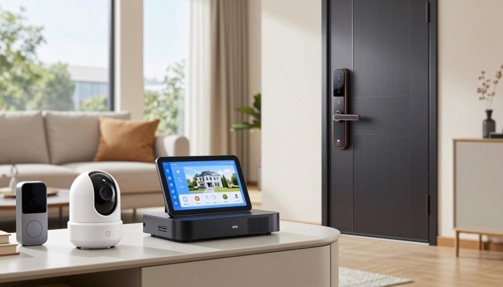 A modern living room showcasing the best smart home devices dedicated to security and peace of mind. In the foreground, a sleek smart security camera sits on a stylish console table, with a digital doorbell visible next to it. In the middle ground, a smart home hub displays a crystal-clear touchscreen interface, highlighting home monitoring features. Incorporate an automated smart lock on a grand front door, depicted with a soft glow from its LED indicator. In the background, a cozy sofa invites relaxation, with large windows revealing a serene outdoor setting. Use bright, natural lighting to create a welcoming atmosphere, with a shallow depth of field to gently blur the background, ensuring the focus remains on the smart devices in this safe, sophisticated space. A modern living room showcasing the best smart home devices dedicated to security and peace of mind. In the foreground, a sleek smart security camera sits on a stylish console table, with a digital doorbell visible next to it. In the middle ground, a smart home hub displays a crystal-clear touchscreen interface, highlighting home monitoring features. Incorporate an automated smart lock on a grand front door, depicted with a soft glow from its LED indicator. In the background, a cozy sofa invites relaxation, with large windows revealing a serene outdoor setting. Use bright, natural lighting to create a welcoming atmosphere, with a shallow depth of field to gently blur the background, ensuring the focus remains on the smart devices in this safe, sophisticated space.