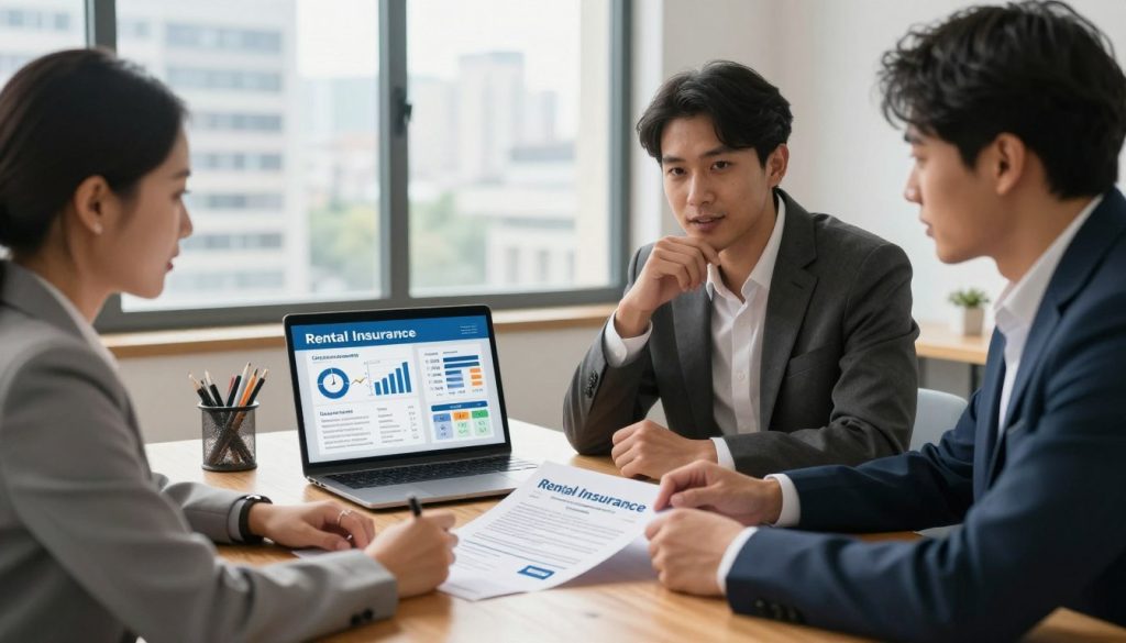 A professional and inviting office setting focused on rental insurance. In the foreground, a diverse group of three people—two men and one woman—are engaging in a discussion, dressed in smart business attire, while reviewing an insurance policy document spread across a polished wooden table. In the middle, an open laptop displays an insurance calculator, surrounded by charts and graphs illustrating coverage options and cost comparisons. The background features a large window with natural light streaming in, showcasing a cityscape. The overall atmosphere is collaborative and informative, with warm yet professional lighting highlighting the participants' thoughtful expressions, conveying a sense of trust and reassurance in making informed decisions about rental insurance. A professional and inviting office setting focused on rental insurance. In the foreground, a diverse group of three people—two men and one woman—are engaging in a discussion, dressed in smart business attire, while reviewing an insurance policy document spread across a polished wooden table. In the middle, an open laptop displays an insurance calculator, surrounded by charts and graphs illustrating coverage options and cost comparisons. The background features a large window with natural light streaming in, showcasing a cityscape. The overall atmosphere is collaborative and informative, with warm yet professional lighting highlighting the participants' thoughtful expressions, conveying a sense of trust and reassurance in making informed decisions about rental insurance.