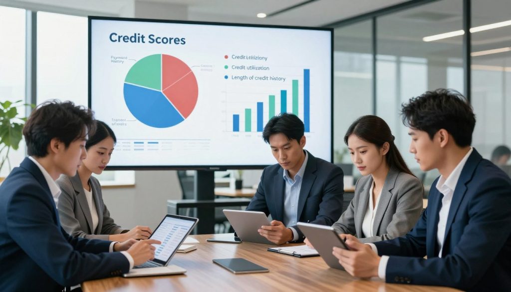 A professional office setting depicting factors affecting credit scores visually illustrated through various symbols. In the foreground, a diverse group of business professionals dressed in smart attire are analyzing credit data on digital tablets. The middle ground features a large screen displaying pie charts and bar graphs representing different elements like payment history, credit utilization, length of credit history, and types of credit. In the background, a modern office environment with large windows allowing natural light to pour in, casting soft reflections on the polished wooden floor. The atmosphere is focused and analytical, evoking a sense of professionalism and financial literacy. The lighting is bright yet soft, highlighting the expressions of concentration on the professionals' faces, while the overall color palette is calming with blues and greens, emphasizing trust and stability.