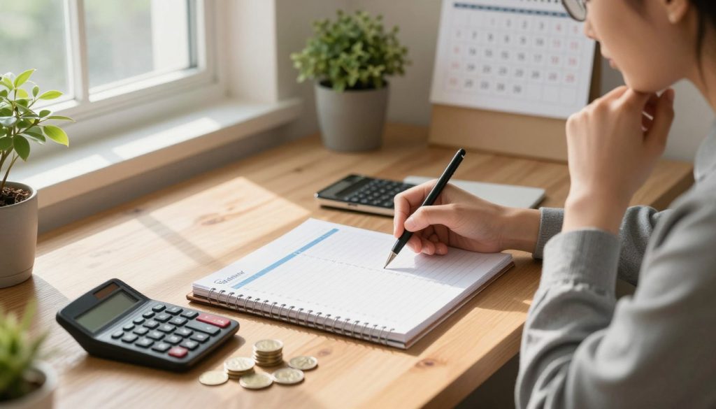 A serene home office setting, with a wooden desk featuring a neatly organized budget planner, a calculator, and stacks of coins, symbolizing money-saving strategies. In the foreground, a thoughtful person in professional attire, focused on their budgeting, surrounded by a warm and inviting atmosphere. The background shows a window with soft natural light streaming in, casting gentle shadows, alongside potted plants that add a touch of greenery. A wall calendar displays important financial dates, reinforcing the theme of personal budgeting. The camera angle is slightly elevated, capturing both the workspace and the individual engaged in their task. The overall mood is calm and inspirational, emphasizing productivity and financial well-being.