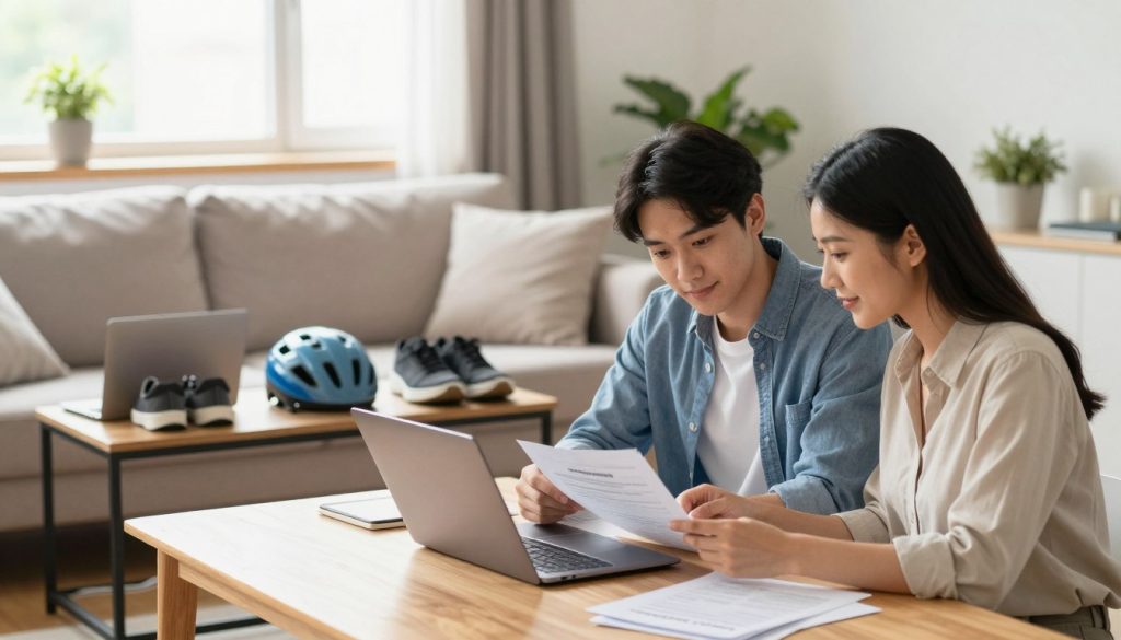 A serene living room scene showcasing the concept of renters insurance. In the foreground, a young professional couple sits at a wooden table, reviewing paperwork and a laptop, dressed in smart casual attire. On the middle shelf, items like a laptop, a bike helmet, and a pair of sneakers represent personal belongings that are covered by renters insurance. The background features a cozy sofa adorned with cushions, a window letting in soft, warm light, and a few potted plants, enhancing the inviting atmosphere. The lighting is bright and cheerful, creating a sense of security and assurance. The overall mood is calm and focused, reflecting the idea of understanding and managing renters coverage. A serene living room scene showcasing the concept of renters insurance. In the foreground, a young professional couple sits at a wooden table, reviewing paperwork and a laptop, dressed in smart casual attire. On the middle shelf, items like a laptop, a bike helmet, and a pair of sneakers represent personal belongings that are covered by renters insurance. The background features a cozy sofa adorned with cushions, a window letting in soft, warm light, and a few potted plants, enhancing the inviting atmosphere. The lighting is bright and cheerful, creating a sense of security and assurance. The overall mood is calm and focused, reflecting the idea of understanding and managing renters coverage.