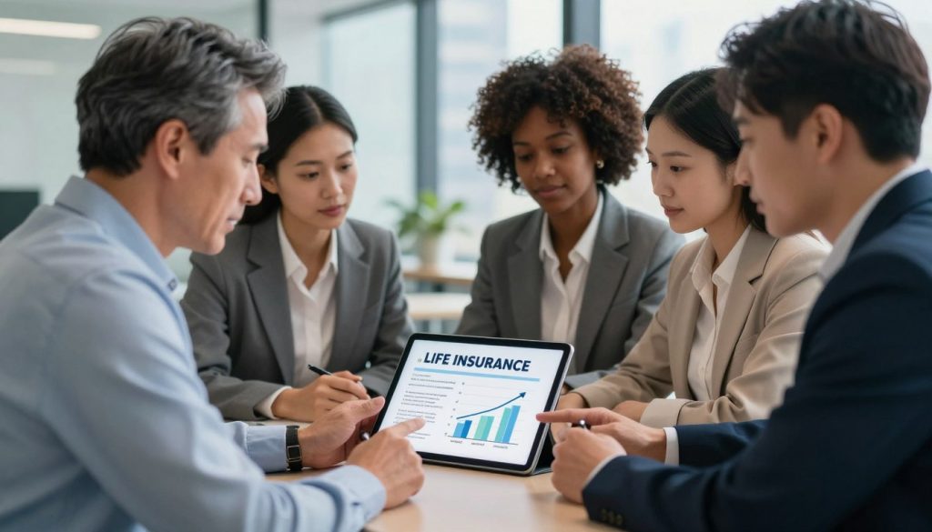 A serene, professional scene illustrating the core mechanics of life insurance. In the foreground, a diverse group of individuals in business attire – a middle-aged Caucasian man, an African American woman, and a young Asian professional – are engaged in a discussion over a digital tablet displaying relevant policy information. In the middle, a detailed graphic representation of life insurance benefits, including family security, investment growth, and peace of mind, is visible on the tablet screen. The background features a modern office setting with soft lighting, large windows revealing a cityscape, and a calm, organized atmosphere. The angle is slightly above eye level, capturing the collaboration and assurance among the professionals, evoking a mood of trust and clarity regarding life insurance decisions.