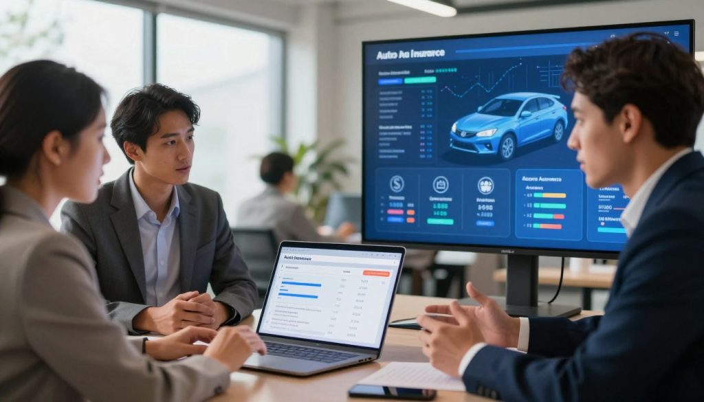 A split-screen visualization showcasing a peaceful, modern office environment on the left and a vibrant digital display on the right. In the foreground, a diverse group of professionals in business attire, including men and women, are engaged in an animated discussion over a laptop, analyzing auto insurance options. In the middle, the laptop screen displays comparison charts and graphs with icons representing different insurance companies and coverage types. In the background, the office features large windows with natural light streaming in, creating a warm atmosphere. Soft focus on the left side emphasizes collaboration while sharp detail on the right highlights data visualization. The mood is focused and collaborative, evoking a sense of clarity and professional engagement in the task of comparing auto insurance for better coverage and lower rates. A split-screen visualization showcasing a peaceful, modern office environment on the left and a vibrant digital display on the right. In the foreground, a diverse group of professionals in business attire, including men and women, are engaged in an animated discussion over a laptop, analyzing auto insurance options. In the middle, the laptop screen displays comparison charts and graphs with icons representing different insurance companies and coverage types. In the background, the office features large windows with natural light streaming in, creating a warm atmosphere. Soft focus on the left side emphasizes collaboration while sharp detail on the right highlights data visualization. The mood is focused and collaborative, evoking a sense of clarity and professional engagement in the task of comparing auto insurance for better coverage and lower rates.