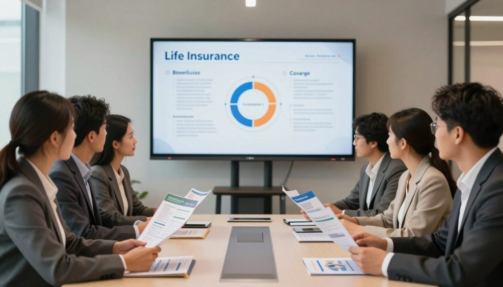 A visually appealing and informative composition illustrating life insurance policy options. In the foreground, a diverse group of professionals dressed in business attire huddles around a modern conference table, examining colorful brochures and charts detailing various insurance policy options. In the middle layer, an elegant presentation screen displays infographics about policy types, beneficiaries, and coverage specifics, illuminated with soft, warm lighting. The background features a sleek, modern office environment, with large windows allowing natural light to stream in, creating a sense of openness. The overall mood is one of professionalism and clarity, evoking trust and understanding in life insurance concepts. The image must be polished and inviting, aimed at educating viewers on life insurance options.