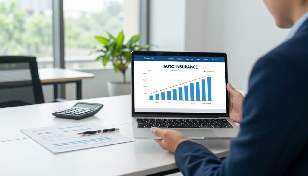 A visually appealing scene showcasing the concept of finding the best auto insurance rates. In the foreground, a confident individual dressed in professional business attire is holding a laptop, displaying a visually informative chart comparing different auto insurance rates. The middle ground features a stylish table with documents and a calculator, symbolizing careful analysis. In the background, a bright office environment with large windows allows natural light to illuminate the scene, enhancing a productive atmosphere. The color palette is vibrant yet professional, incorporating shades of blue and green to evoke trust and stability. The overall mood is focused and optimistic, emphasizing the importance of making informed decisions to save money on auto insurance. A visually appealing scene showcasing the concept of finding the best auto insurance rates. In the foreground, a confident individual dressed in professional business attire is holding a laptop, displaying a visually informative chart comparing different auto insurance rates. The middle ground features a stylish table with documents and a calculator, symbolizing careful analysis. In the background, a bright office environment with large windows allows natural light to illuminate the scene, enhancing a productive atmosphere. The color palette is vibrant yet professional, incorporating shades of blue and green to evoke trust and stability. The overall mood is focused and optimistic, emphasizing the importance of making informed decisions to save money on auto insurance.