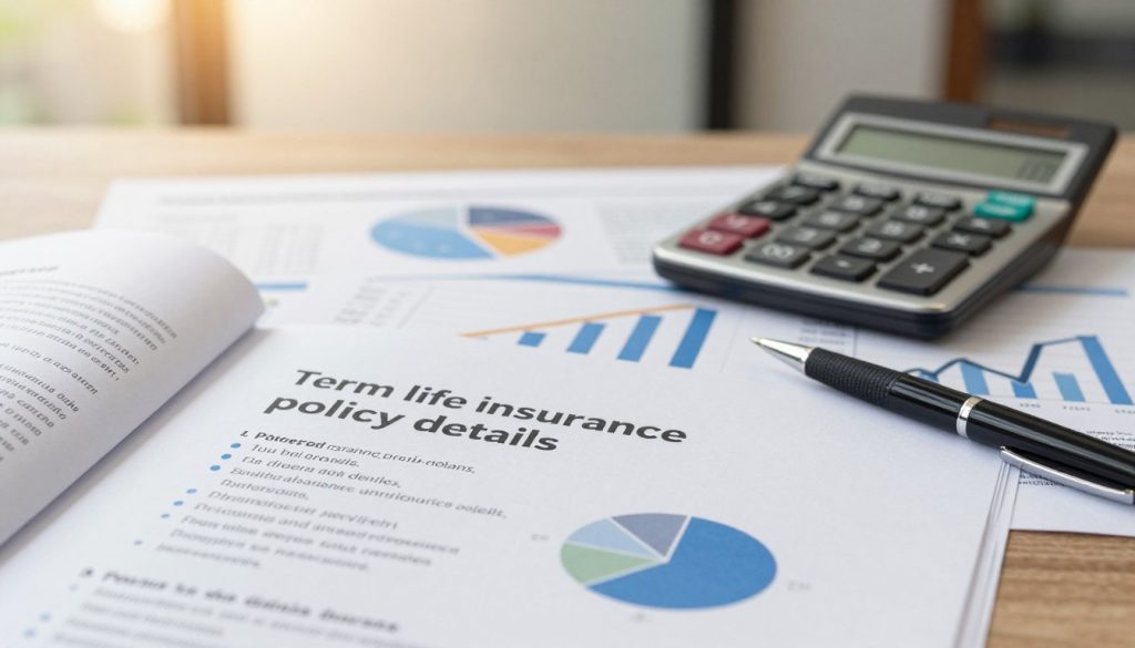 A visually engaging and informative layout illustrating "term life insurance policy details." In the foreground, display an open document featuring key facts about term life insurance costs and policy details with bullet points and charts, designed to look professional and clear. In the middle, arrange objects like a calculator, a pen, and financial graphs to represent analysis and decision-making. In the background, softly blurred images of a corporate office setting with warm, diffused lighting to create a calm and focused atmosphere. Set the angle to a slight overhead view, enhancing the sense of organization and clarity. The overall mood should be informative, professional, and reassuring, appealing to readers seeking financial guidance.