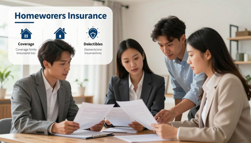 A visually engaging illustration depicting key features of homeowners insurance policies. In the foreground, a diverse group of three professionals in smart business attire—two men and one woman—analyzing documents and discussing. Their expressions are focused and engaged. In the middle ground, a detailed infographic-style representation shows icons symbolizing aspects of insurance such as coverage limits, deductibles, and liability protection. The background features a cozy, well-furnished home interior, softly lit with natural light streaming through windows, creating a warm and inviting atmosphere. The overall mood conveys professionalism and clarity, encouraging understanding of complex insurance concepts. A visually engaging illustration depicting key features of homeowners insurance policies. In the foreground, a diverse group of three professionals in smart business attire—two men and one woman—analyzing documents and discussing. Their expressions are focused and engaged. In the middle ground, a detailed infographic-style representation shows icons symbolizing aspects of insurance such as coverage limits, deductibles, and liability protection. The background features a cozy, well-furnished home interior, softly lit with natural light streaming through windows, creating a warm and inviting atmosphere. The overall mood conveys professionalism and clarity, encouraging understanding of complex insurance concepts.