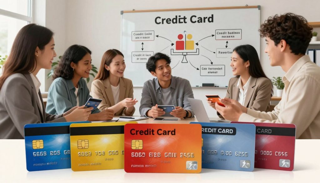 A visually engaging illustration of credit card basics for beginners. In the foreground, a range of credit cards in various colors and designs, showcasing their features like chip technology, magnetic strips, and logos. In the middle ground, a friendly, diverse group of young adults dressed in professional attire, discussing and examining these credit cards, gesturing as they share information. In the background, a modern office setting with a large whiteboard filled with diagrams of how credit cards work, such as interest rates, credit limits, and payment processes. The lighting is warm and inviting, creating a sense of approachability and trust. The image has a clear focus on education and empowerment in financial literacy.
